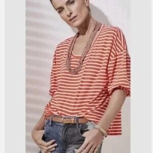 CABI Size Medium Poolside Puff Sleeve Top Orange White Stripe #5984 Blouse